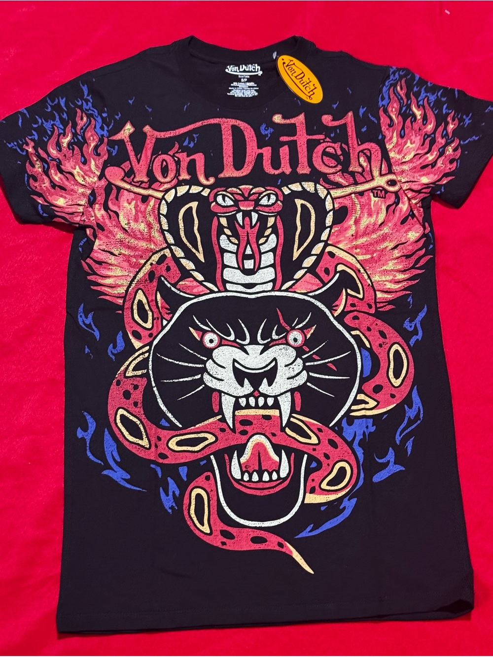 Von Dutch Black Tee Dress with Flaming Cobra, Panther & Snake Graphics